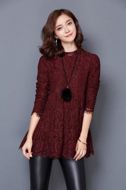 莎意圣蕾丝衫女长袖2015秋冬新款韩版修身中长款蕾丝加绒加厚打底衫