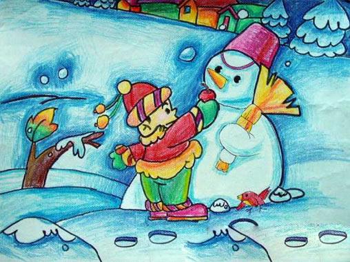雪中的小雪人儿童画小雪人蜡笔画小雪人