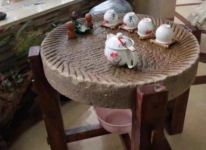石磨茶盘茶台桌子老磨盘旧石器茶托茶具木架磨片石桌
