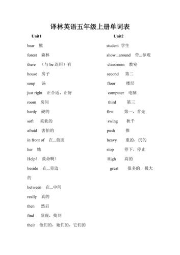 译林英语五年级上册单词表