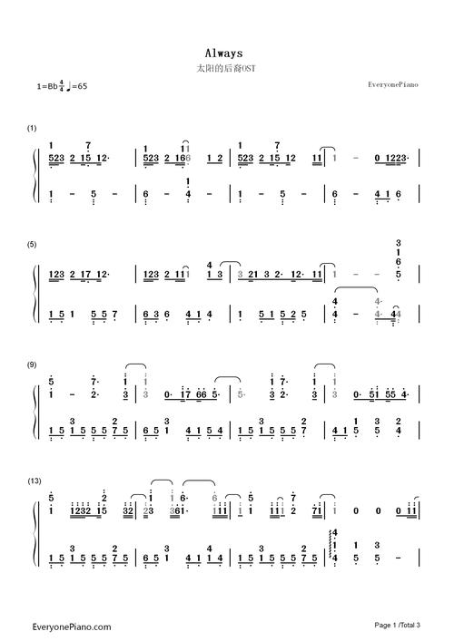 always-太阳的后裔ost-钢琴谱文件(五线谱,双手简谱,数字谱,midi,pdf)