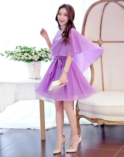 女紫色气质圆领收腰雪纺连衣裙