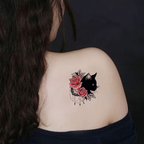 纹客范纹身贴 黑猫 性感贴纸 防水持久 猫 花朵 链条后背纹身贴纸