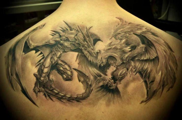 背部伟大的战斗巨鹰和龙纹身图案 - 纹身秀