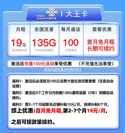 unicom中国联通大王卡27月19元月135g全国通用流量100分钟通话