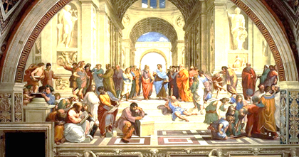 画面表现了学者们在柏拉图创建的雅典学图探讨学术问题的情景,其中
