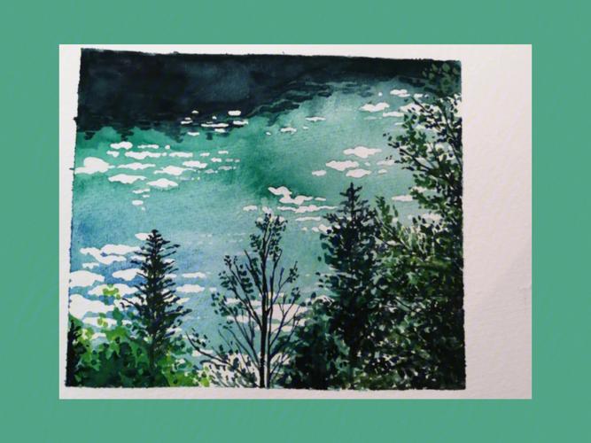 绿的发蓝的湖水在阳光的照耀下闪闪发亮#画画  #水彩风景