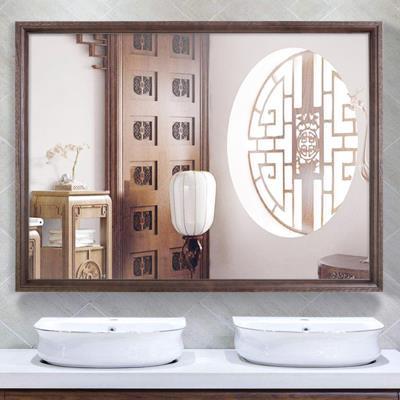 新中式实木浴室y镜壁挂卫生间镜子挂墙式复古洗漱镜洗手间梳妆台