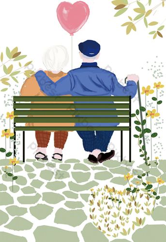 清新老年夫妻在长椅上依偎的背影七夕节插画