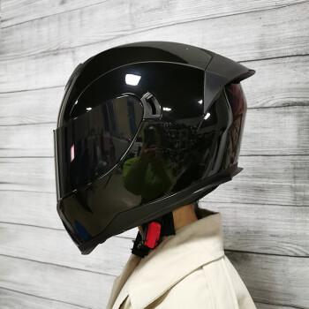 电动摩托车头盔男女全覆式双镜跑盔个性尾翼四季时尚 亮黑配茶色镜片