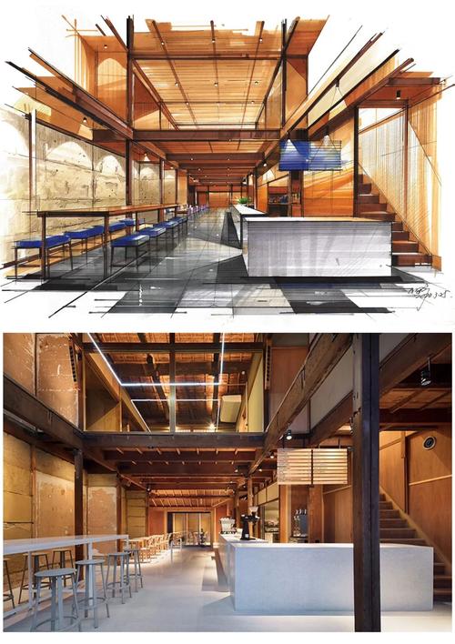 室内装修设计手绘马克笔咖啡厅空间效果图