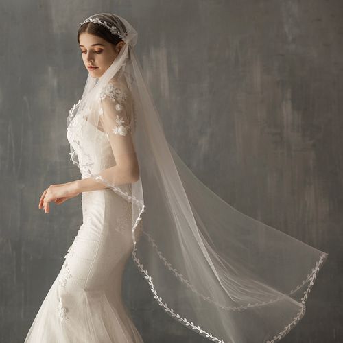 v637法式复古蕾丝帽式结婚新娘头纱 白色中长款单层包头婚纱头饰