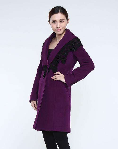 紫色织花优雅气质长袖毛呢大衣