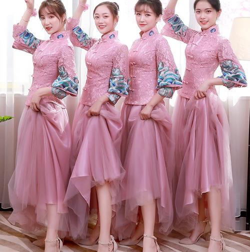 中式伴娘服2020新款春季粉色复古中长款中国风闺蜜姐妹团礼服裙女