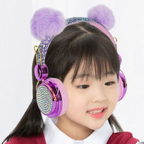 儿童头戴耳机独角兽猫耳朵网课学习带麦少女英语听力粉色有线有麦