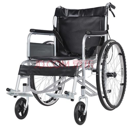手动轮椅钢管轻便折叠老年人轮椅车 银色车架皮革座面