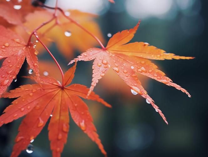 秋天立秋枫树红色枫叶上的水珠雨水露珠风景壁纸图