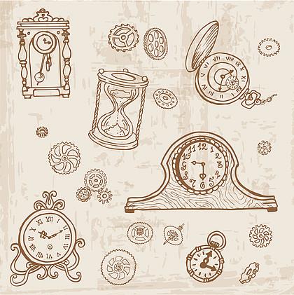 复古涂鸦时钟和齿轮-手绘在向量中的一套