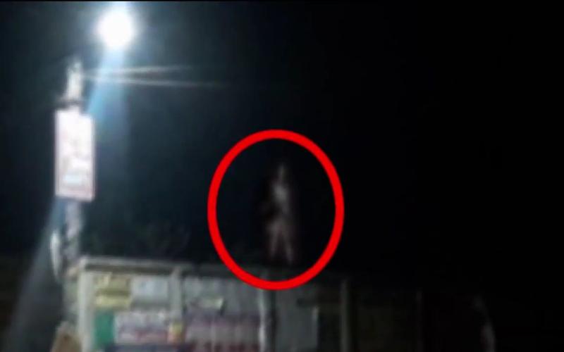 夜晚路边拍摄到在墙上行走的人形鬼魂
