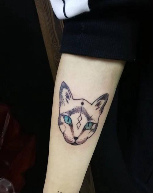 猫头纹身图片_成品手臂清新几何动物纹身图案