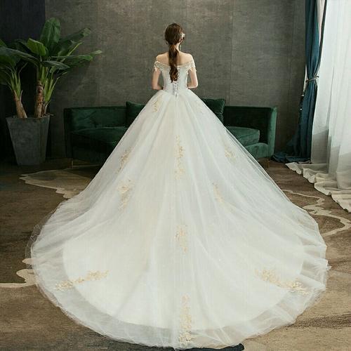 厂家直销2019新款一字肩婚纱拖尾晚礼服韩式修身婚纱长款新娘婚纱