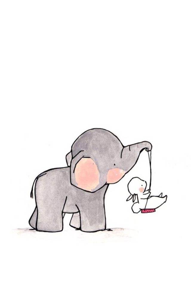 治愈系手绘插画:一只小象和一只小白兔,有时友谊就是这么简单.