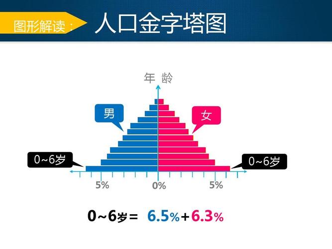 图形解读: 人口金字塔图 年 龄 男 女 0~6岁 5% 0% 5% 0~6岁 0~6岁=