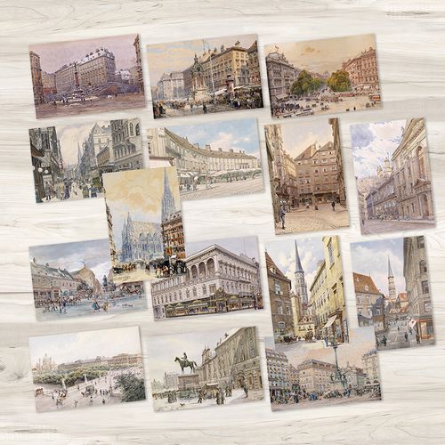手绘风复古欧洲城市建筑水粉水彩风景插画明信片贺卡6款选