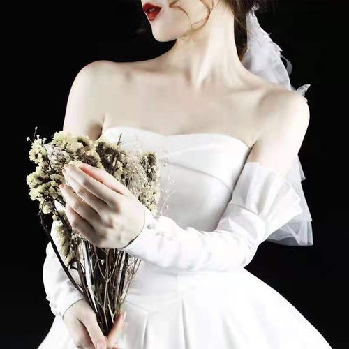 新娘2021晚宴手套婚礼结婚白色缎面婚纱晚礼服袖子影楼拍照配饰品