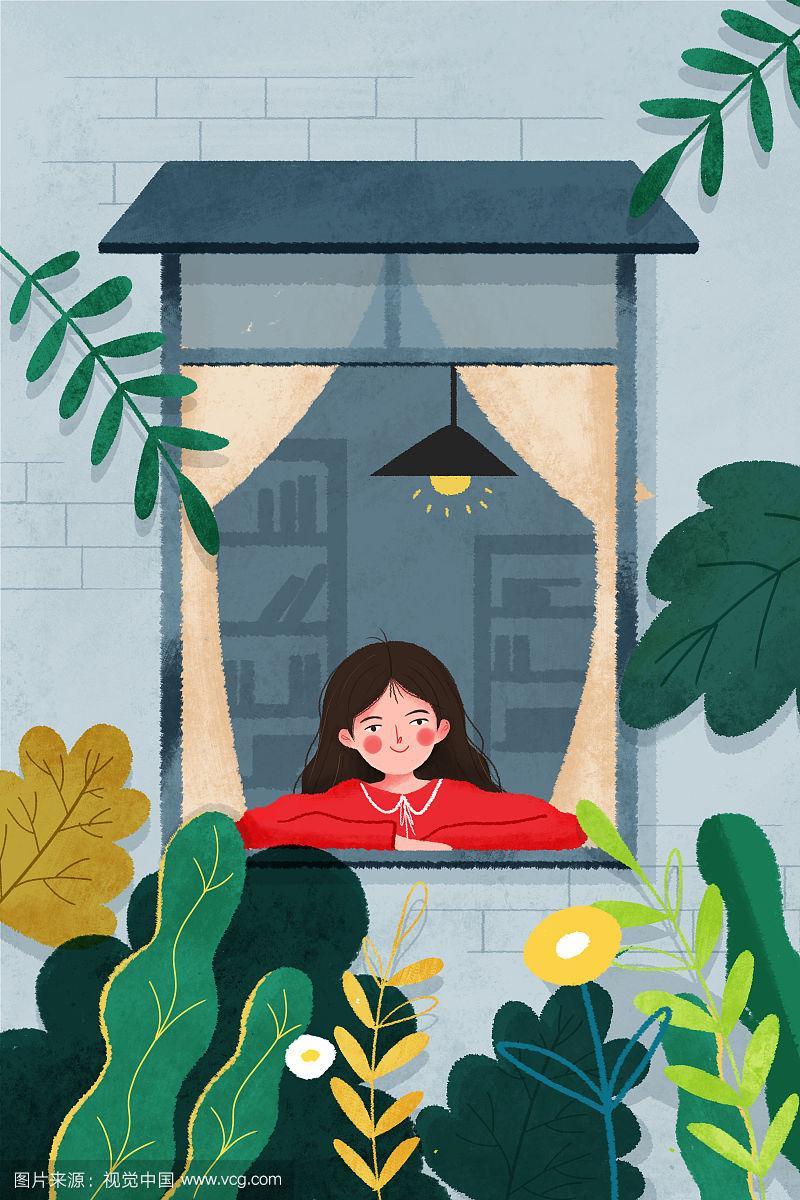 女孩在长满绿色植物的窗户边发呆