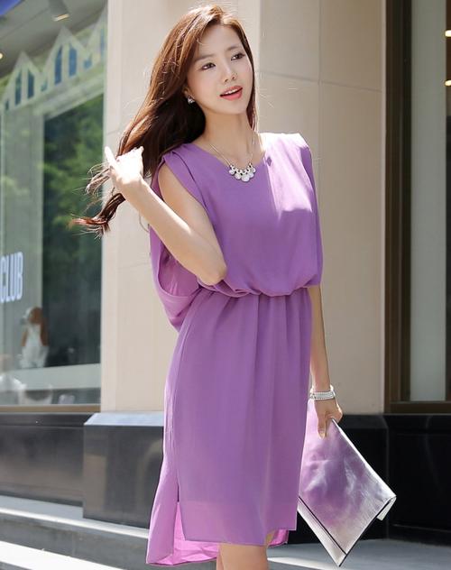 紫色无袖优雅气质雪纺连衣裙