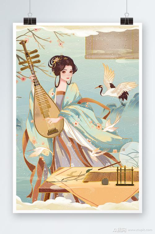 中国风古风美女弹琴手绘插画设计素材
