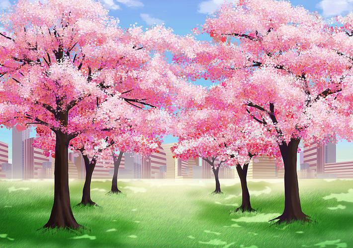 樱花树草坪与蓝色远山的插画