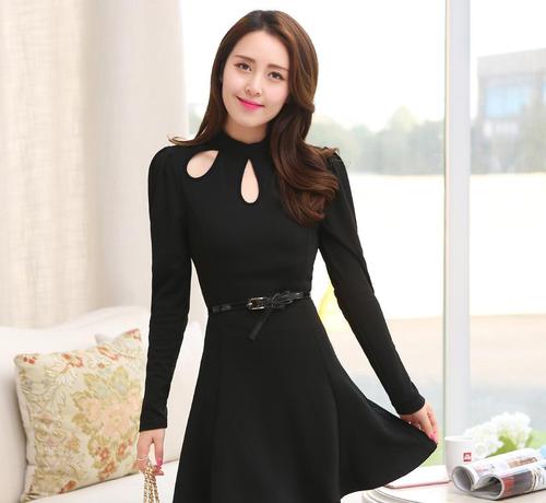 2015年韩版新品春装 时尚修身气质淑女连衣裙 中长款式配腰