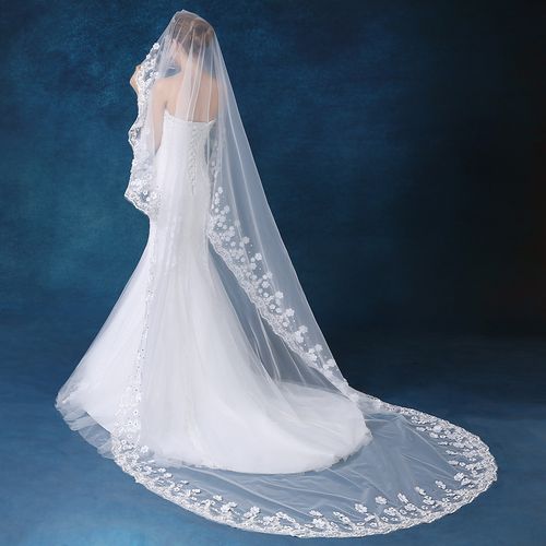 新款新娘结婚婚纱礼服女乳白色拖尾头纱 韩式超长蕾丝钻饰头纱3米