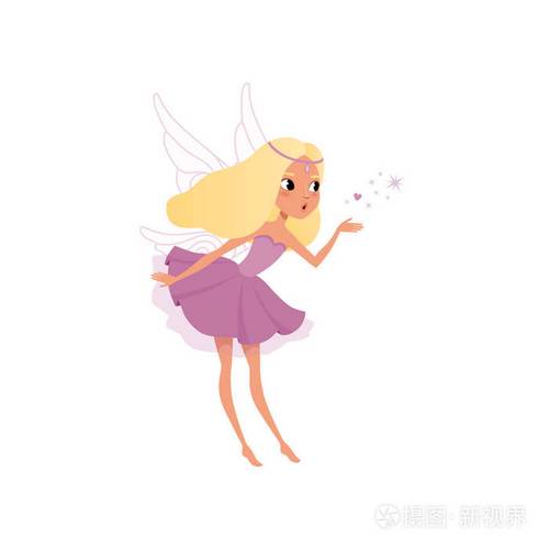 穿着华丽的紫色连衣裙, 有翅膀的小精灵.小神话般的生物.