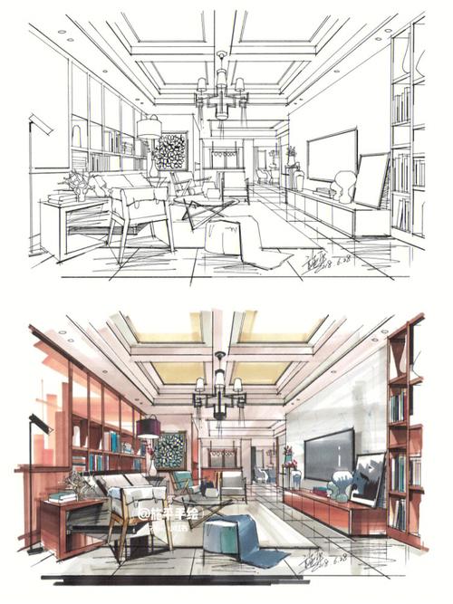 室内设计手绘客厅马克笔上色步骤图01