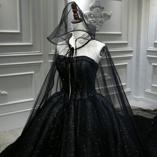 新娘黑色主婚婚纱暗黑宫廷风气气质长拖尾星空婚纱