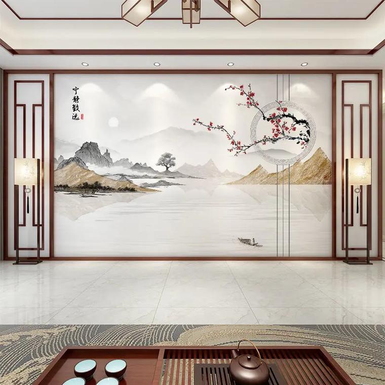 新中式轻奢客厅沙发现代花鸟电视背景墙壁纸
