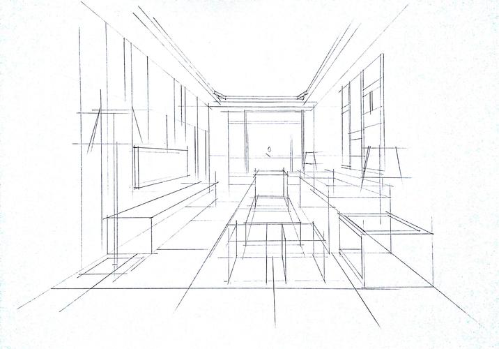 客厅空间一点透视黑白效果绘制步骤图._一叶手绘-站酷zcool