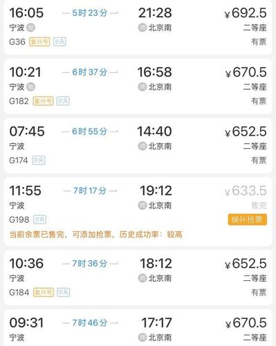目前,宁波到北京的高铁每天有6趟,覆盖早晨至下午时段,  全程最快的6