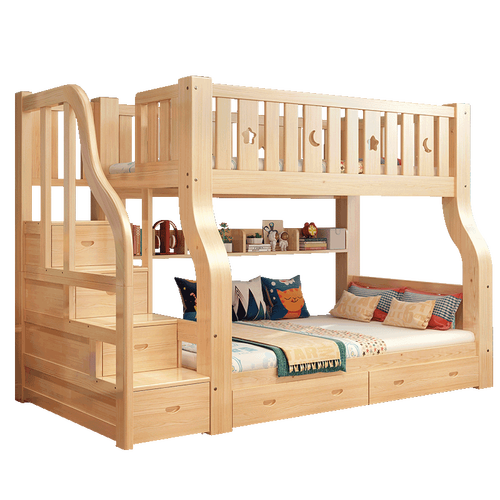 华岭 上下床双层床实木上下铺大人成年木床儿童床两层母子高低床 梯柜