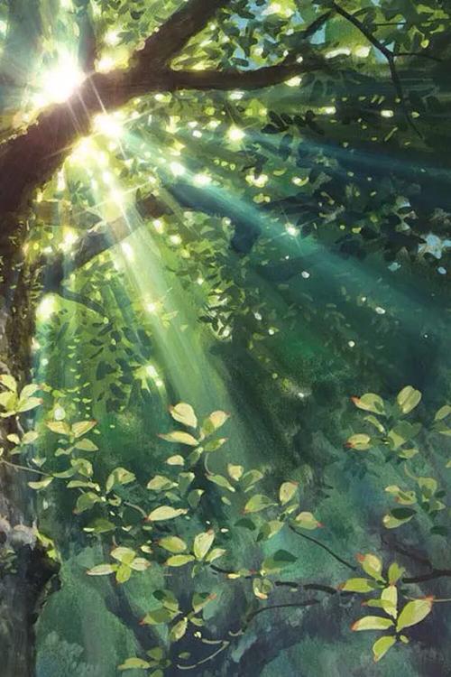 清新水彩画 手绘 自然风景 阳光 树木 温暖 绿意盎然 唯美壁纸 插画