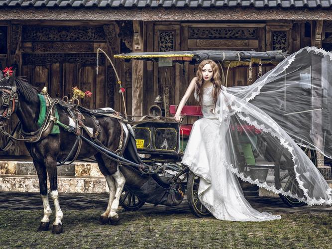 亚洲女孩,新娘,马车,马 壁纸 - 1600x1200