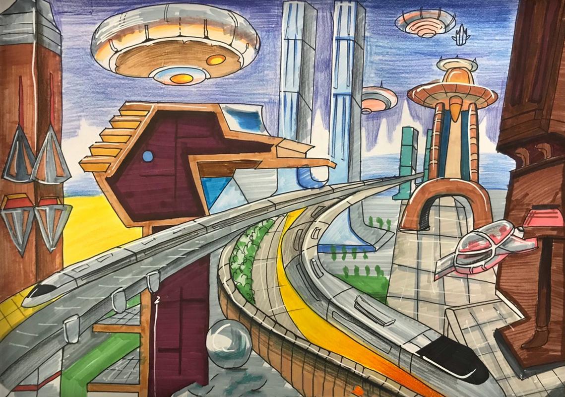 【科幻画】|学生作品分享 未来城市主题～ 工具主要为马克笔,后期加了