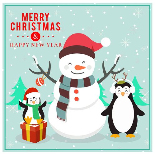 企鹅与雪人圣诞节插画