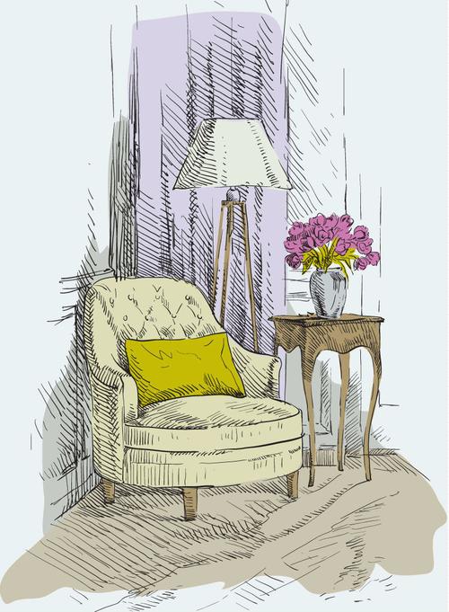 手绘单人扶手沙发矢量素材,素材格式:eps,素材关键词:手绘,家具,花瓶