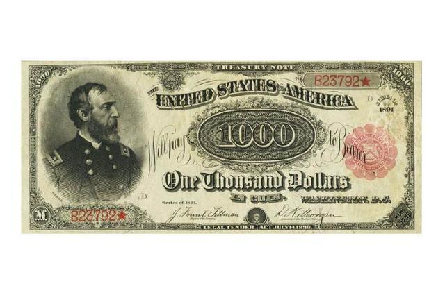 这张1891年的红色印章1,000美元国库券在2013年以250万美元(200万英镑