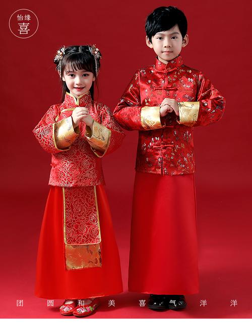 新品女童男童秀禾服中式花童礼服红色拜年服宝宝儿童唐装冬季中国风秋
