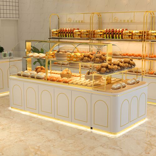 面包展示中岛柜西点蛋糕柜模型柜子商用弧形玻璃镀钛糕点陈列柜台